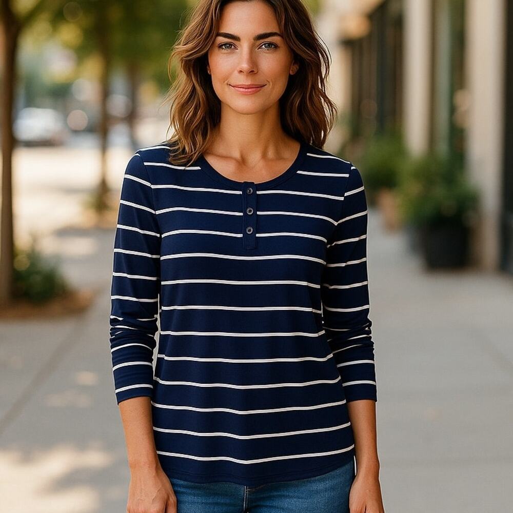 PINK REPUBLIC Long Sleeve Navy Blue & White Striped Knit Top ~ Women's Size XL